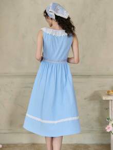 Simple Retro 女式對比花邊方領裙（前胸對稱褶皺、隨機剪裁腰線、前後腰部綻放花紋） - 藍色 - 查看 2