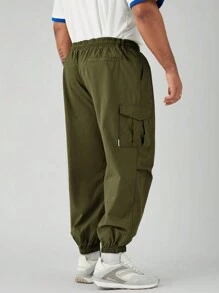 Manfinity VCAY Men's Solid Woven Mid-Rise Plus Size Integrated Casual Straight Tapered Joggers, Suitable For Everyday Wear In Spring And Summer - Army Green - View 2