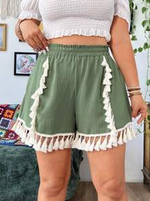 Flirla Plus Size Proste wakacyjne dopasowane szorty z frędzlami, lato