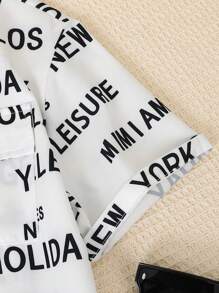 SHEIN Tween男童加大碼全印花英文字母立領短袖鈕扣恤衫和短褲套裝，夏季 - 白色 - 查看 5