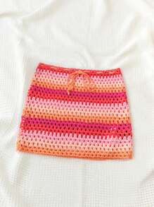 Soleia 女士度假风格红色渐变彩虹条纹紧身迷你裙，适合婚礼、海滩、音乐节、夏季波西米亚风钩针针织短裙 - 彩色 - 查看 4