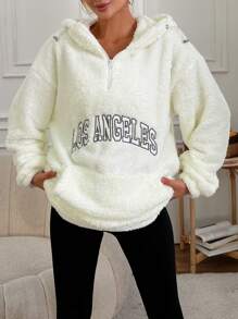 SHEIN Cottnline Thêu Chữ Thả vai Dây rút Teddy Hoodie - trắng - Xem 4