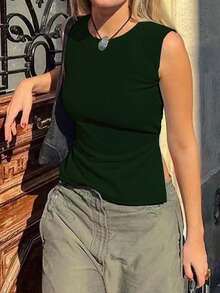 INAWLY 女士純色無袖背心，適合日常穿著 - 綠色 - 查看 4