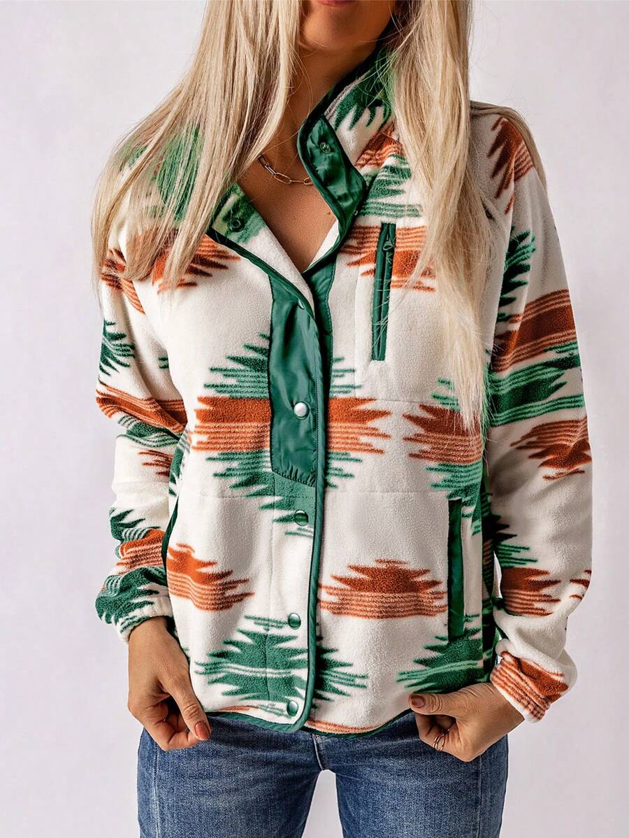 Astylish 女式西部风几何图案长袖按扣拉链口袋羊毛夹克