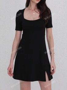 Women's Crop Sleeve Vintage Little Black Dress With Split Hem, Square Neck And Slenderizing Cutting
