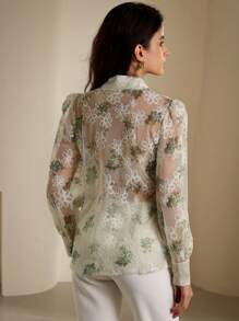 Aveloria Modichic Women's Sheer Mesh Random Embroidery Long Sleeve Shirt