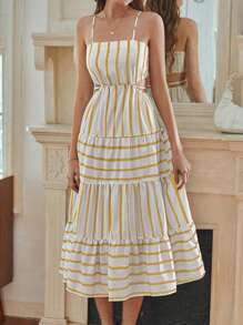 SHEIN VCAY 女式夏季条纹镂空褶皱细肩带连衣裙 - 黃色 - 查看 4