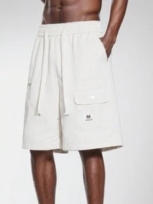 Shorts Khaki para hombre con bordado de letras, bolsillos de carga y cintura con cordón - Blanco - Ver 1