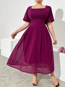 Modelyn Plus Size Solid Color Square Neckline Ruffle Sleeve Pleated Party Dress