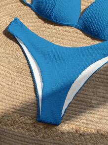 SHEIN 女士純色綁頸性感比基尼套裝，夏日海灘泳衣 - 藍色 - 查看 4