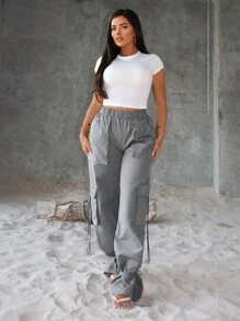 SHEIN SXY 女性實色多口袋長褲夏季款 - 灰色 - 查看 4