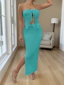 SHEIN Unity Women's Solid Color Strap Holiday Matching Tube Top And Skirt Set - Mint Blue - View 6