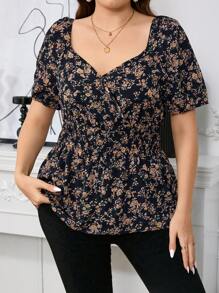 Reflora 大码女式时尚优雅印花收腰 A 字型泡泡袖衬衫，适合夏季