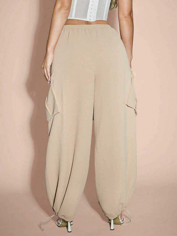 Solid Khaki Parachute Cargo Drawstring Elastic Cuffs Summer Pants, Adjustable Wide-Leg Overalls