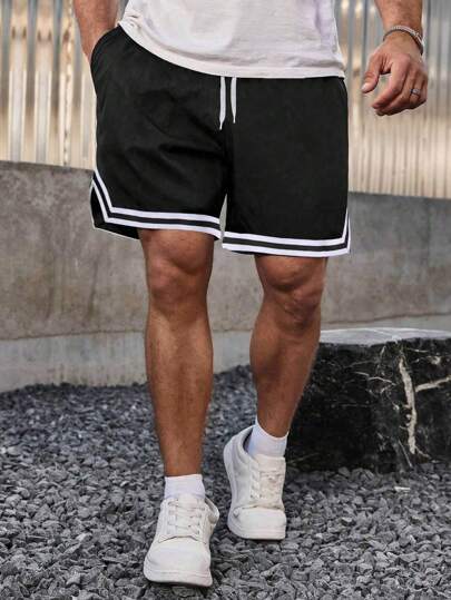 Manfinity Campus Court 男裝大尺碼束口腰帶條紋紡織運動短褲籃球體育服