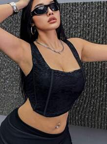 Flirla 大尺碼女士夏季蕾絲花卉方領不對稱下擺剪裁上衣