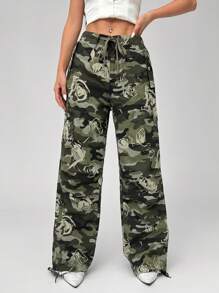 SHEIN Unity Women's Flower Camo Print Belted Casual Long Pants Fall Cloth For Women - Multicolor - View 4
