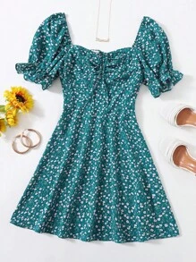 Soleia 抽繩前結飾抽褶小碎花連衣裙