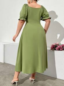 Mulvari Plus Size Women's Solid Color Simple Daily Dress, Milkmaid Sundress - Green - View 2