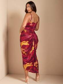 SHEIN BAE 女士加大夏季常规/节日/约会/派对 V 领开衩拼色扎染印花连衣裙，女士生日礼服 - 紅色 - 查看 2