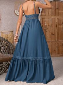 Breezaya Vestido maxi de tirantes finos con contraste de encaje, calado y escote para mujer, atuendo de vacaciones y playa de verano