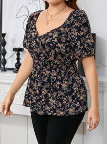 Reflora 大码女式时尚优雅印花收腰 A 字型泡泡袖衬衫，适合夏季