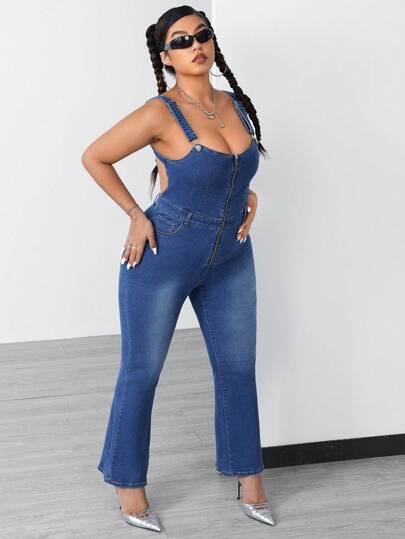 SHEIN ICON 特大號夏季時尚拉鍊前後無背修身喇叭牛仔褲背帶褲