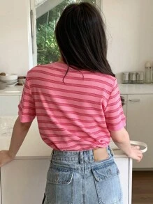 DAZY 女款夏季條紋和印花圓領短袖休閒T恤 - 粉色 - 查看 5