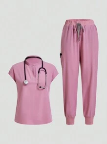 TaskEZ Conjunto de uniforme de enfermería con blusa y pantalón de unicolor de manga corta - Rosa - View 11