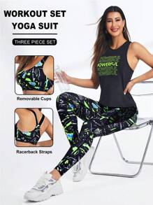 Easithlete Ensemble de sport pour femmes avec Top imprimé à la mode, pantalon long et cache-maillot. Ensemble de leggings pour femmes. Ensembles de tenues de sport pour femmes - Multicolore - Voir 2