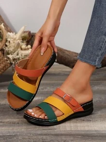 Summer New Colorblock Splicing Open Toe Sandals, Metal Buckle Decor, Platform Wedge Heel Design, Criss-Cross Hollow Breathable Upper, Fashionable Casual Vacation Versatile Sandals For Women - Màu vàng - Xem 3