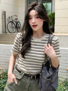 DAZY 女士條紋印花圓領短袖休閒T恤，夏季款