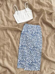 Soleia 女士夏季假日純色背心上衣和花邊側開叉裙子休閒2件套裝 - 藍白色 - 查看 2