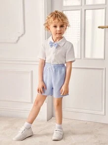 SHEIN Set de 3 piezas (Polo, Pantalones cortos y Gorra) estilo deportivo y elegante para niño, apropiado para la escuela, actividades al aire libre, primavera/verano