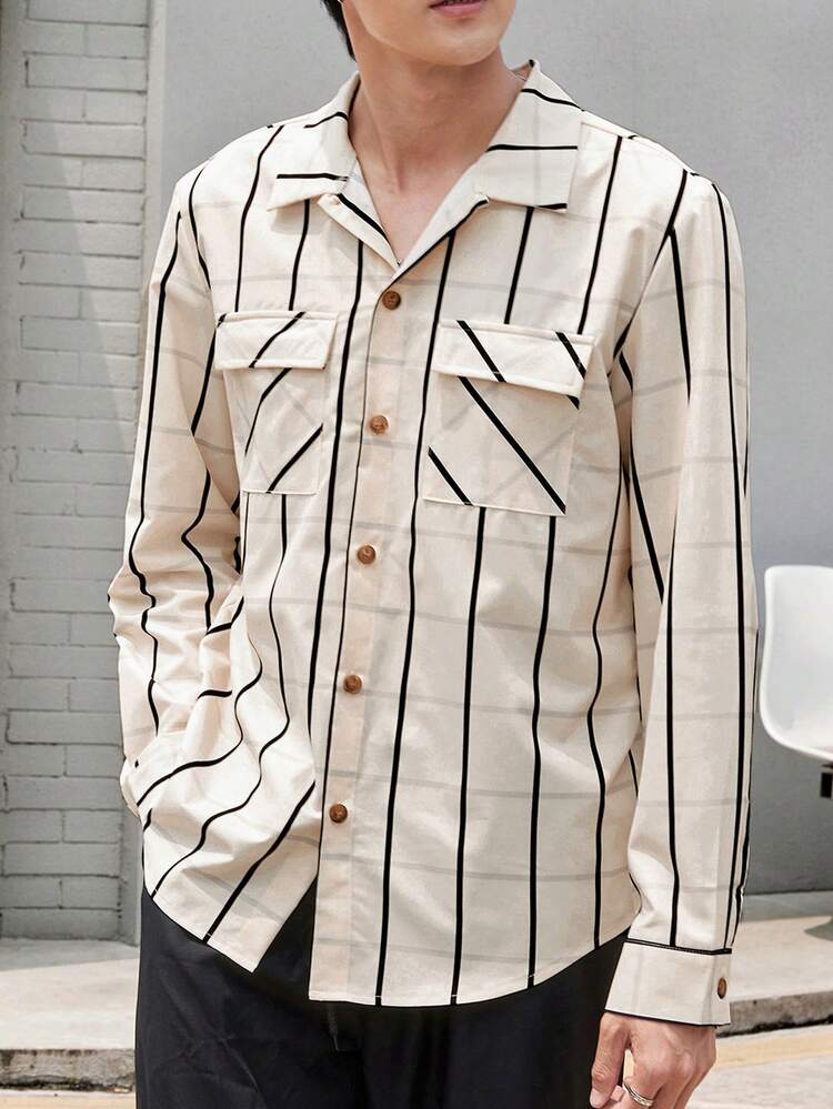 Men Striped Print Casual Daily Wear Long Sleeve Shirt
