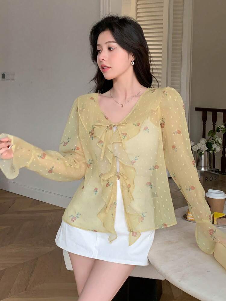Floral Print Wide V-Neck Loose Long Sleeve Women's Blouse With Ruffle Trim Boho