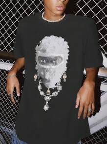 Áo thun nam ngắn tay mùa hè có in hình nhân vật đeo mặt nạ, cổ tròn - Màu xám đen - Xem 1