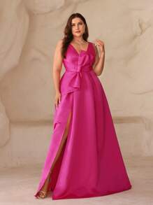 SHEIN Belle Váy dạ hội thanh lịch cỡ lớn màu đỏ sẫm với cổ chữ V sâu, xẻ cao và nơ bất đối xứng cho tiệc tối, tiệc cưới, tốt nghiệp, tiệc tối - Màu Hồng Tươi - Xem 7