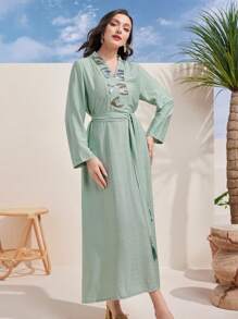 Al Najma V領腰帶休閒長袖日常穿著連衣裙 - 綠色 - 查看 3