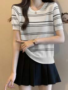 Top de mujer tejido con rayas en bloque de colores y mangas cortas - Blanco - Ver 3