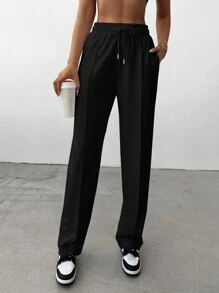 EURMUSE Solid Drawstring Waist Straight Leg Sweatpants - Black - View 4