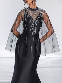 全新黑色優雅披肩設計人魚晚禮服