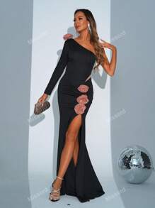 Missord 1pc Contrast Color 3D Floral Decor One Shoulder High Slit Dress