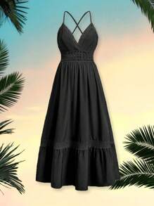 SHEIN LUNE Plus Size Women's Boho Solid Color Simple Daily Cross Strap Dress, For Summer - Black - View 1