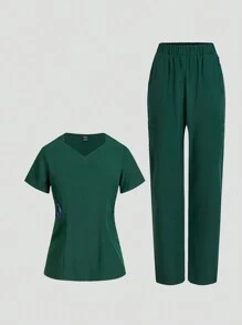 TaskEZ 純色V領短袖上衣和褲子護理制服套裝 - 綠色 - 查看 10