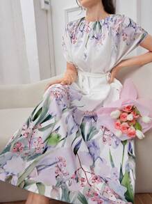 Seusyu 女士優雅花卉印花蝙蝠袖夏季連衣裙 - 白色 - 查看 4