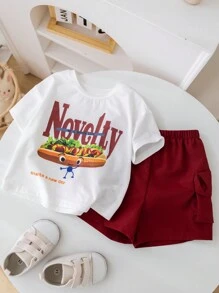 SHEIN Baby Boy Or Baby Girl Cartoon Animal Pattern Soft Knit Round Neck Short Sleeve Top And Solid Color Shorts 2pcs/Set