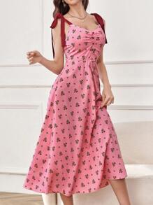 Modelyn Women's Tie Strap High Waist Summer Sundress With Ditsy Floral - Pink - View 6