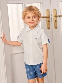 SHEIN 2pcs YoungBoy Outfit, Short Sleeve Graphic Shirt And Breathable Plaid Shorts, Suitable For Spring/Summer, School, Party - White - View 3