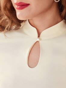 Vintamour 复古优雅女式T恤，春夏修身针织锁眼镂空小立领短袖上衣，浅杏色，休闲/通勤/度假返校服教师服衬衫秋装演唱会女装校服外出上衣上衣老款美学女士上衣修身T恤 - 杏色 - 查看 2